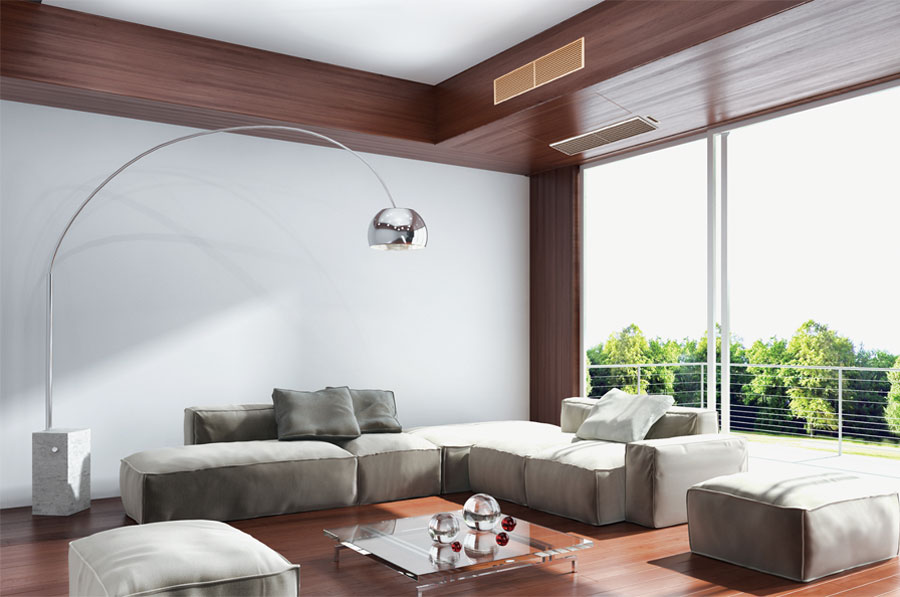 Beautiful spacious living room interior installed with ducted air conditioning system