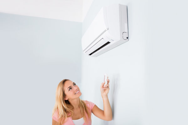 Portrait Of A Woman Holding Remote Control In Front Of Air Conditioner At Home